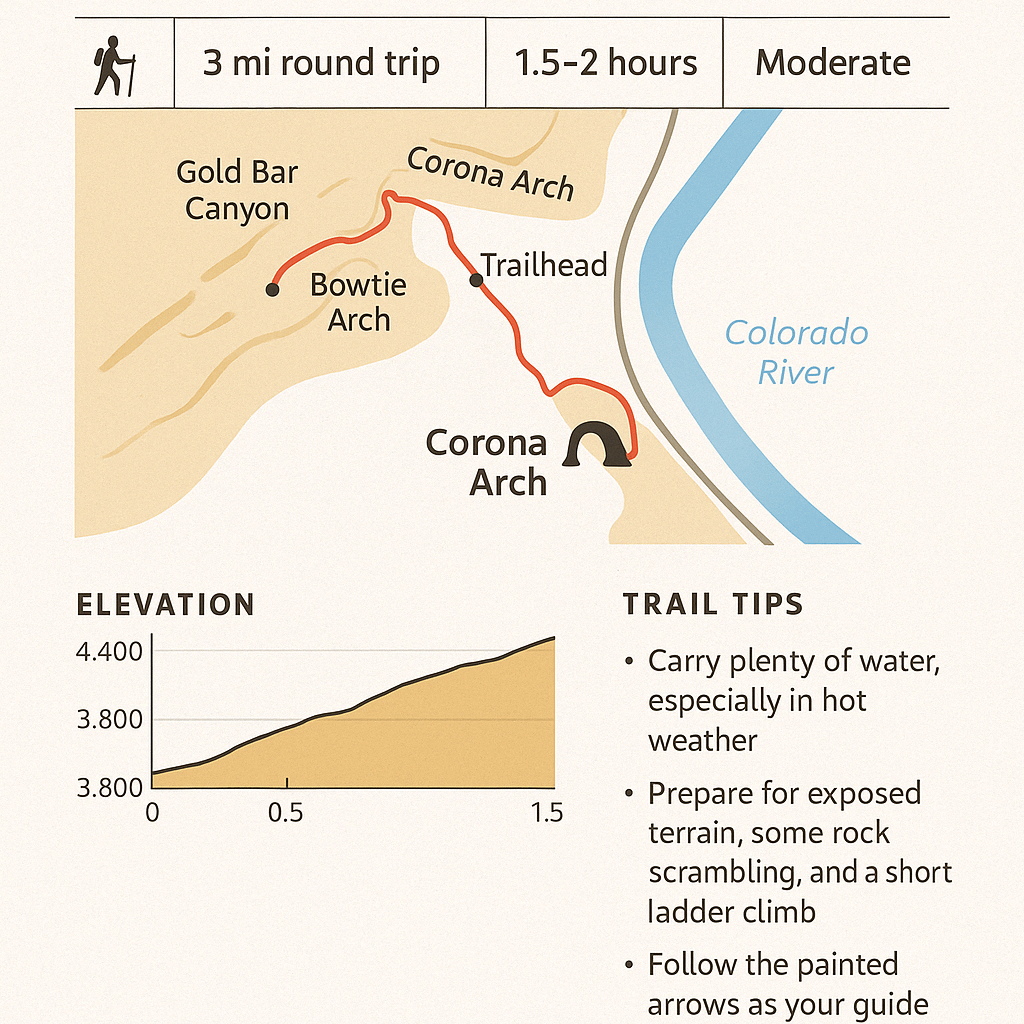 Illustrated trail map and guide for the Corona Arch Trail near Moab, Utah, showing the 3-mile round-trip route, elevation profile, nearby landmarks, and hiking tips.