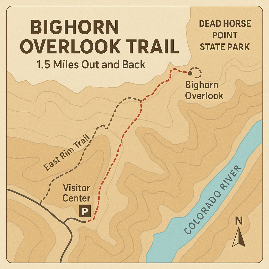 bighorn overlook trail map Topographic-style map of the Bighorn Overlook Trail in Dead Horse Point State Park, showing the 1.5-mile out and back route from the Visitor Center to the Bighorn Overlook, with the East Rim Trail, Colorado River, and surrounding canyon terrain labeled.