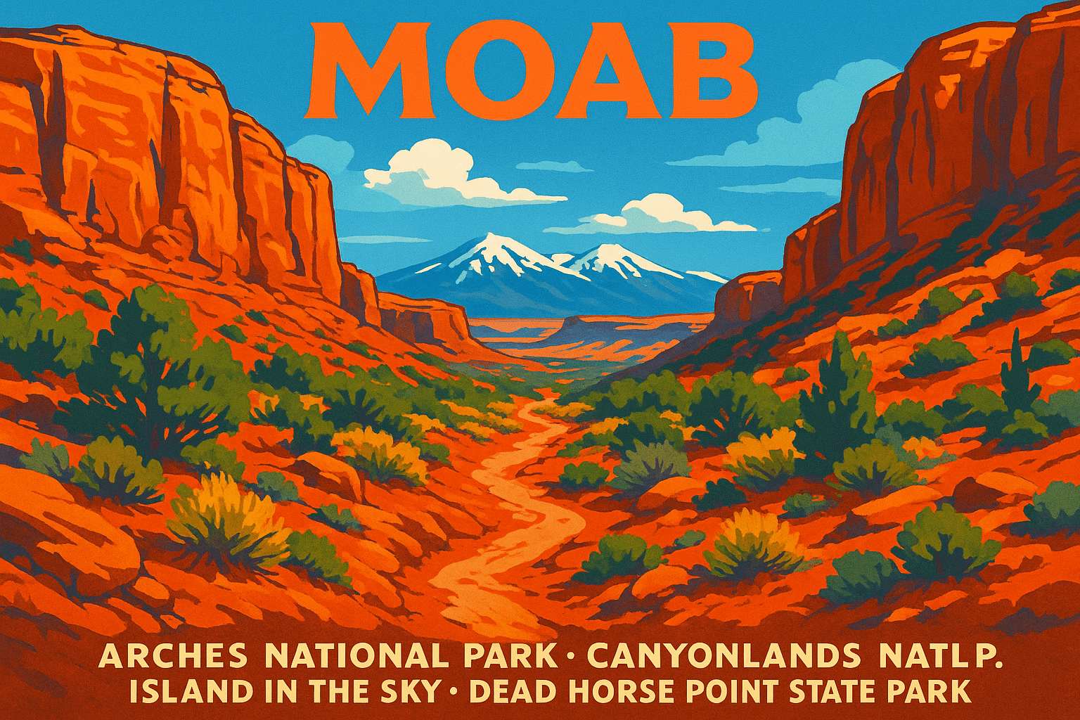 Moab Hiking Trails Illustrated poster of hiking trails near Moab, Utah, with red rock formations, desert landscape, and distant La Sal Mountains under a blue sky.