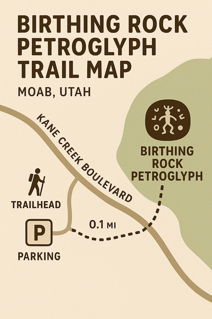 Easy-to-follow trail map to Birthing Rock Petroglyph near Moab, showing short walking path and parking area.