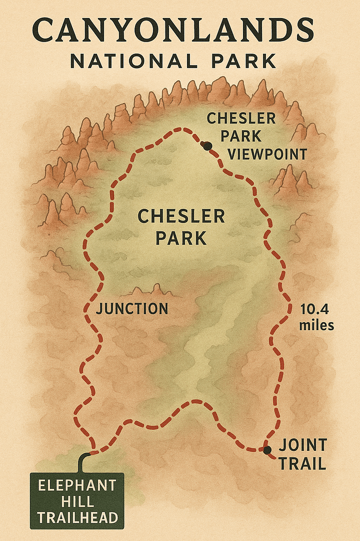 Trail map of Chesler Park Loop Trail in Canyonlands National Park showing the full loop, Elephant Hill Trailhead, Chesler Park meadow, and Joint Trail.