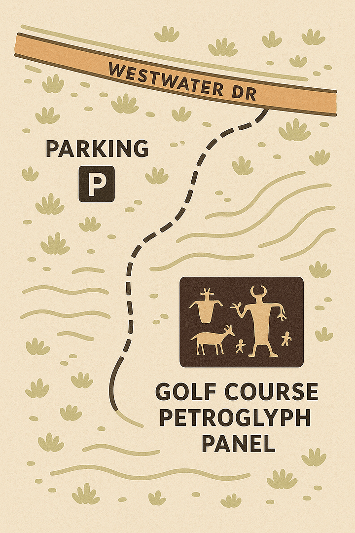 Trail map illustrating easy access to the Golf Course Petroglyph Panel near Moab, including parking location and panel viewing area.