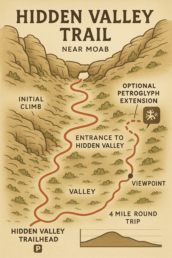 Illustrated hiking map for Hidden Valley Trail near Moab, highlighting trailhead, valley entrance, petroglyphs, and elevation profile.