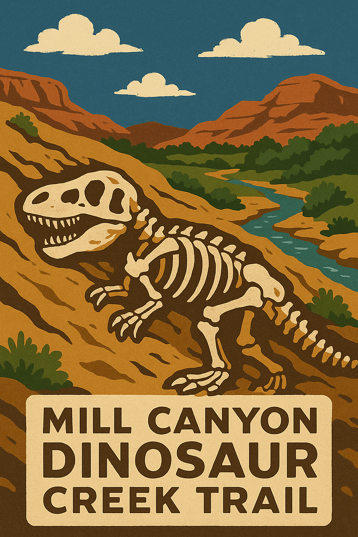 Mill Canyon Adventuredinosaur_track_graphic Illustrated poster of Mill Canyon Dinosaur Track Trail showing a dinosaur fossil embedded in red rock cliffs with a winding creek and desert landscape in the background.