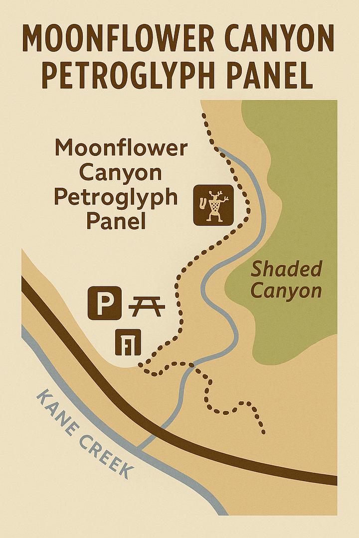 Trail map illustrating easy access to Moonflower Canyon Petroglyph Panel, highlighting parking, picnic area, and petroglyph locations.