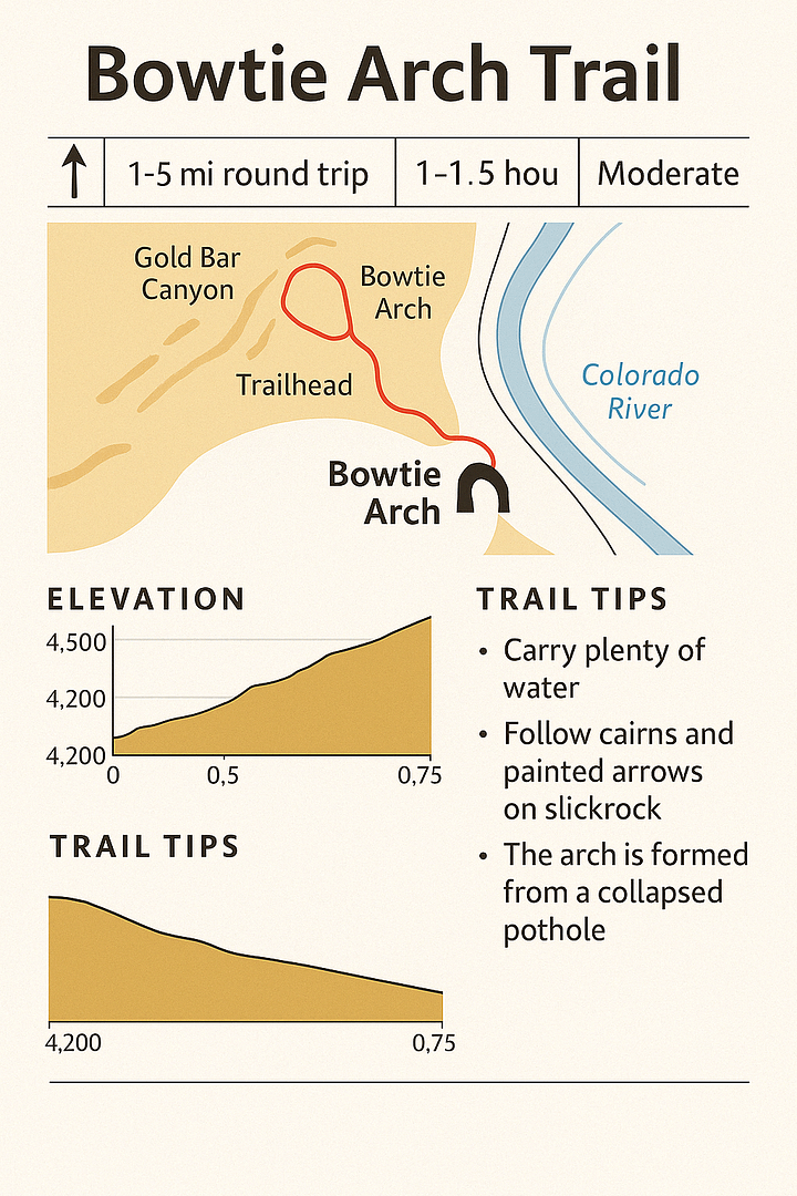 bowtie_arch_trail_map Illustrated trail guide for the Bowtie Arch Trail near Moab, Utah, featuring a simplified map from the trailhead to Bowtie Arch, elevation profile, and trail tips. The image shows a 1.5-mile round-trip hike labeled as moderate, with guidance on following cairns, staying hydrated, and understanding the arch's formation as a collapsed pothole.<br />