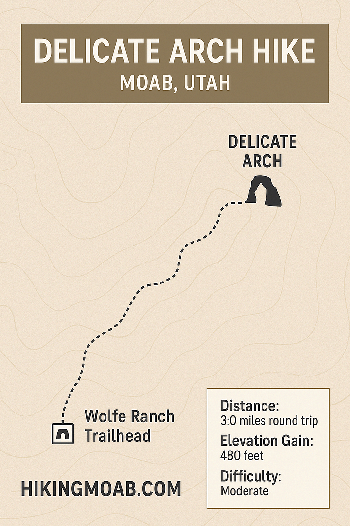 delicate_arch_trail_guide A beige-toned topographic map of the Delicate Arch Hike in Moab, Utah, showing the trail route from Wolfe Ranch Trailhead to Delicate Arch with a dashed black line. Key trail information is listed in a box: 3.0 miles round trip, 480 feet elevation gain, moderate difficulty. The map includes contour lines and labels, with the website hikingmoab.com at the bottom.