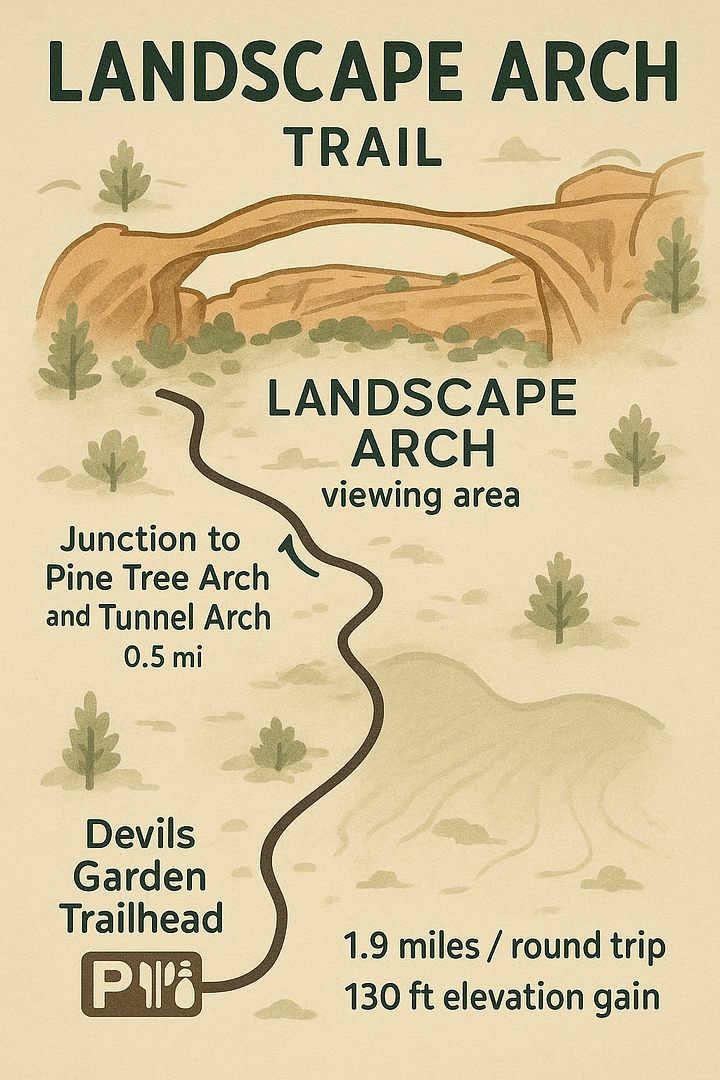 landscapr_arch_trail_map Illustrated trail map to Landscape Arch from Devils Garden Trailhead, highlighting key junctions, landmarks, elevation gain, and trail amenities.