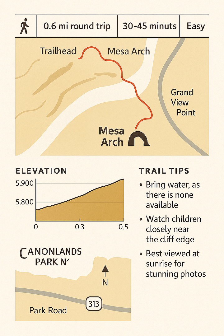 mesa_arch_trail_guide Illustrated trail guide for the Mesa Arch Trail in Canyonlands National Park, showing a 0.6-mile round-trip hike with an elevation profile, simplified trail map, and key tips. The map highlights the trailhead, Mesa Arch, and nearby Grand View Point, while the elevation chart shows a gradual incline. Trail tips include bringing water, watching children near the cliff edge, and visiting at sunrise for photography.