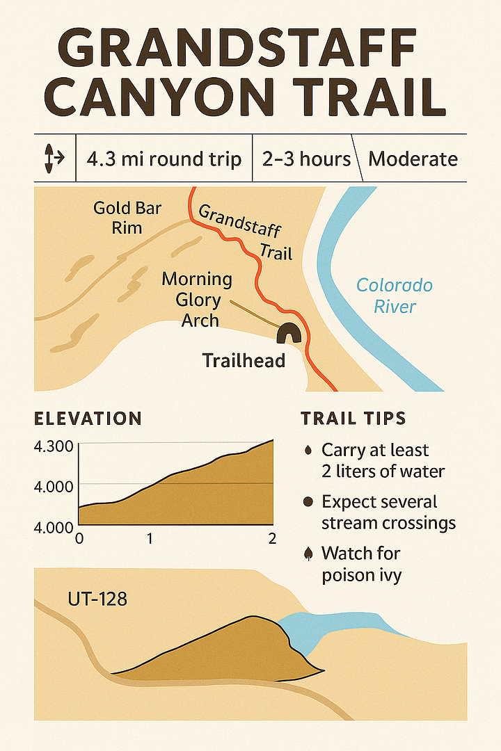 william_grandstaff_hiking_trail_guide Illustrated trail guide for the Grandstaff Canyon Trail near Moab, Utah, showing a 4.3-mile round-trip route with a red line on a simplified map, elevation chart, and trail tips. Features include the trailhead, Morning Glory Arch, Gold Bar Rim, and the Colorado River, along with reminders to carry 2 liters of water, expect multiple stream crossings, and watch for poison ivy.
