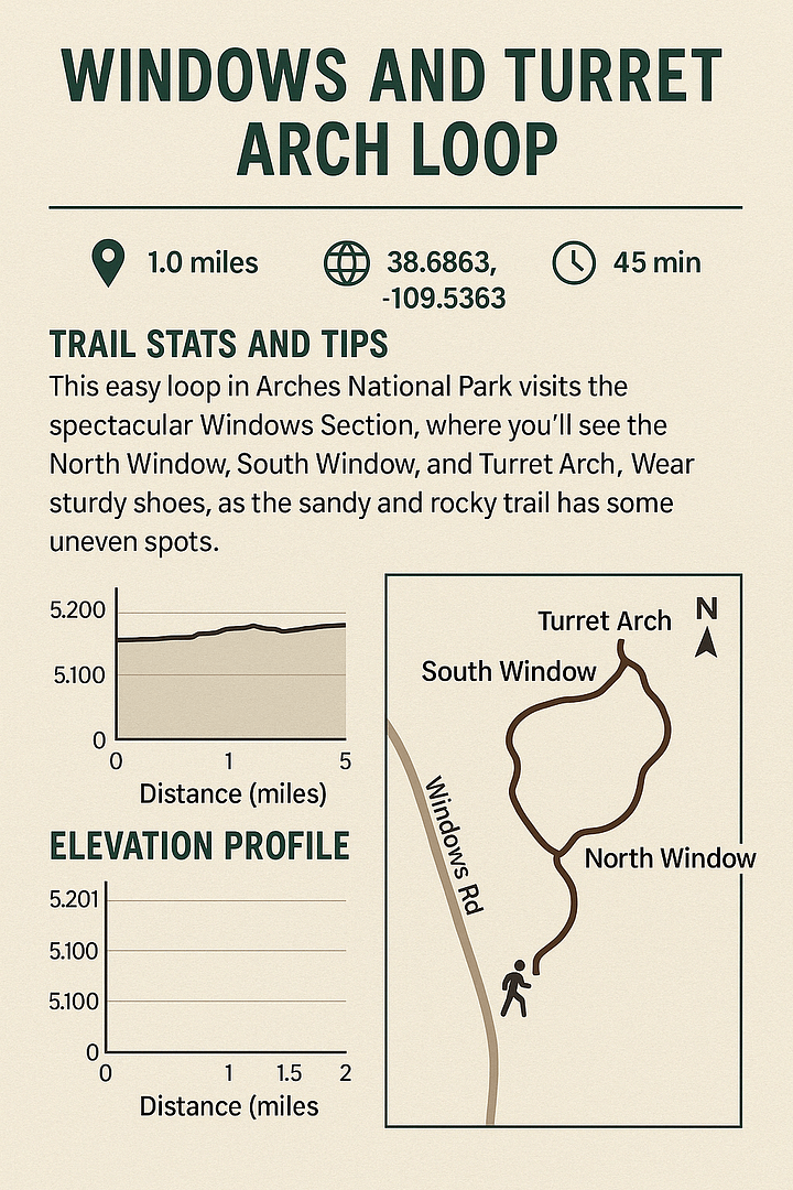 window_turret_arch_loop_map Illustrated trail map of the Windows Loop Trail in Arches National Park. The map shows key landmarks including the Trailhead, Turret Arch, North Window, South Window, and the Primitive Trail Return path, all connected by a loop. A directional arrow indicates the suggested hiking direction on a stylized desert background.