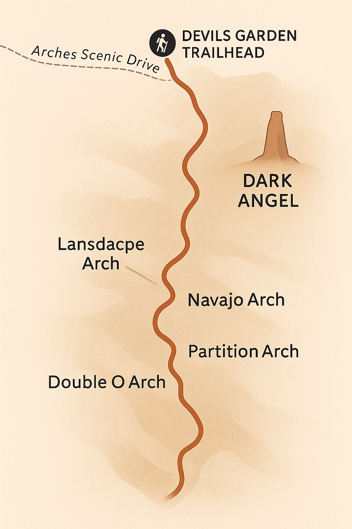 Dark Angel Trail Map Arches National Park Trail map showing route from Devils Garden Trailhead to Dark Angel in Arches National Park, including major arches and sandstone formations.