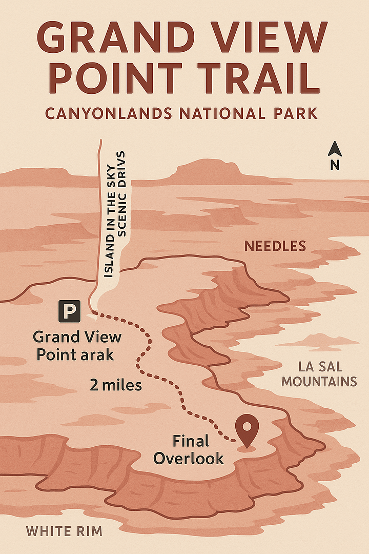 Grand View Point Trail Map Canyonlands National Park Map of Grand View Point Trail in Canyonlands National Park showing the trail path along the canyon rim with overlook points and scenic landmarks.