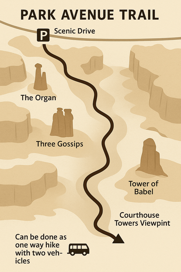 Park Avenue Trail Map Arches National Park.png Map of the Park Avenue Trail in Arches National Park, showing the hiking route through a sandstone canyon with nearby landmarks and trailhead access.