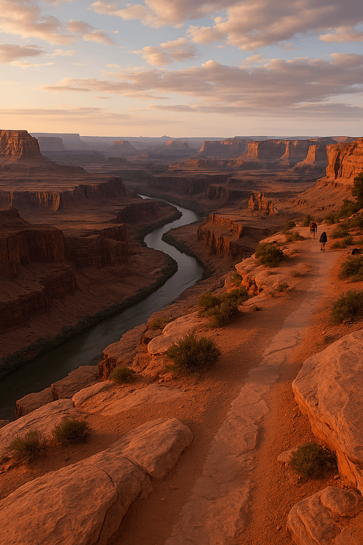 dead horse view loop rim trail View from the Dead Horse Rim Loop Trail with hikers on slickrock and the Colorado River visible in the canyon below.