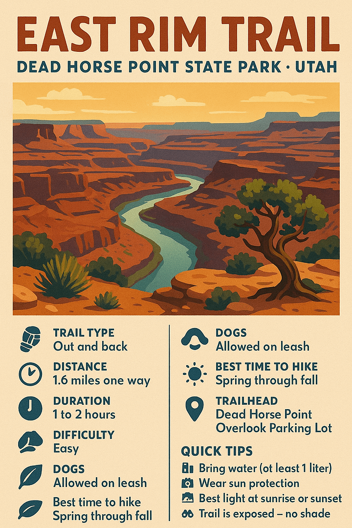 east rim hiking trail infographic Simplified route map of East Rim Trail and connections to West Rim and Visitor Center