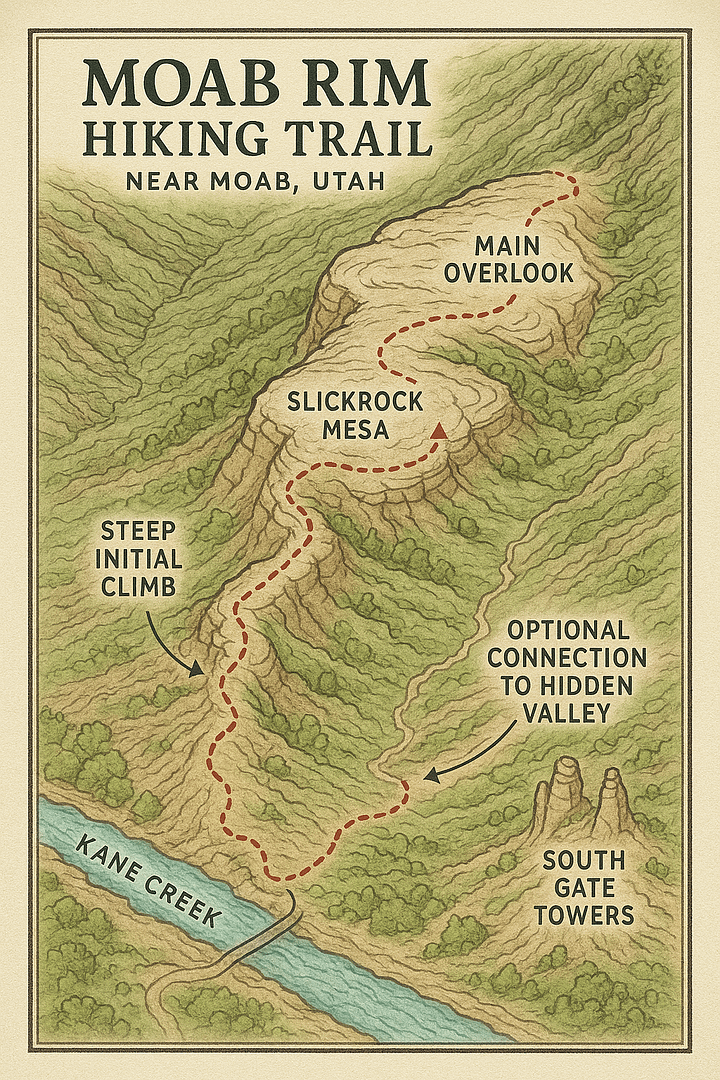 Moab Rim Hiking Trail Map Near Moab, Utah Illustrated map of the Moab Rim Hiking Trail near Moab, Utah, showing the route from Kane Creek up a steep initial climb to Slickrock Mesa and the Main Overlook, with an optional connection to Hidden Valley and landmarks such as the South Gate Towers.