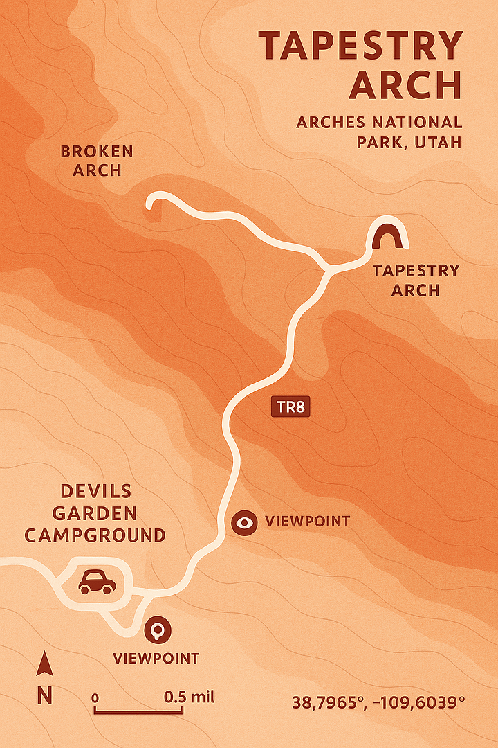 Tapestry Arch Trail Guide Simple Tapestry Arch Trail hike in a stylized map in soft colors.