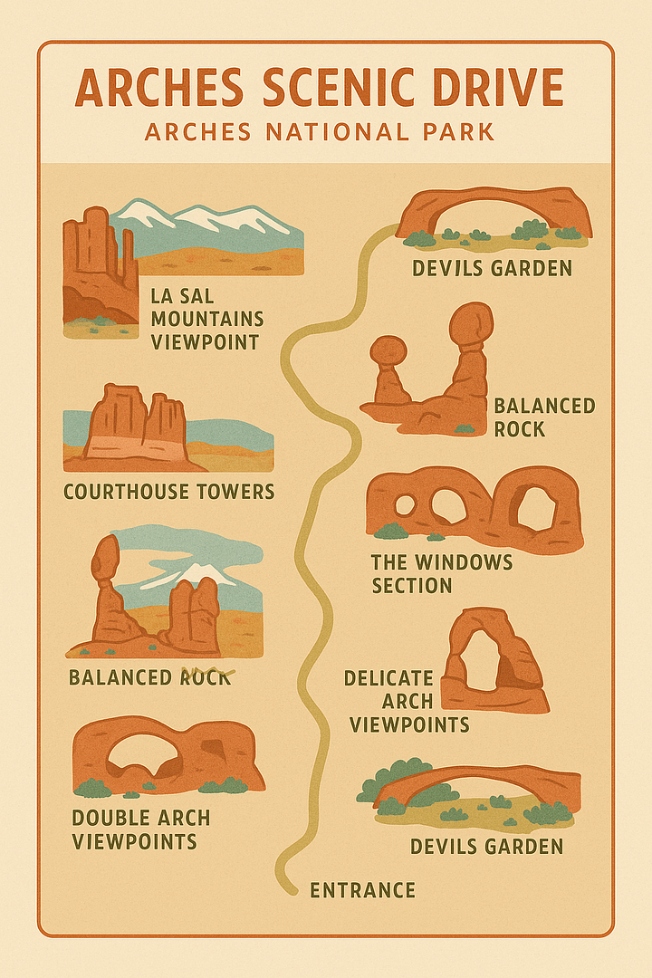 arches-scenic-drive-map-arches-national-park Illustrated map of the Arches Scenic Drive in Arches National Park showing 18-mile route from park entrance to Devils Garden with labeled stops including Park Avenue, Balanced Rock, the Windows, Double Arch, Delicate Arch Viewpoints, Fiery Furnace, and Devils Garden, desert color palette.