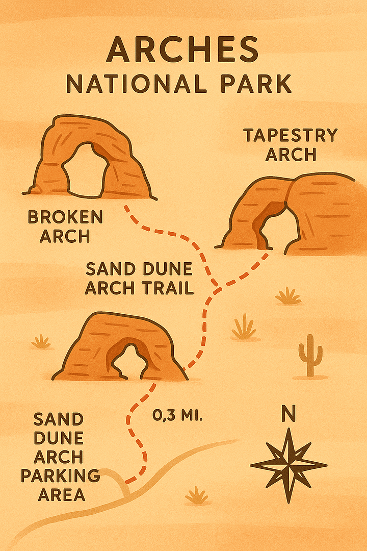 san_dune_arch_trail_map Illustrated trail map showing the short path from the Sand Dune Arch Parking Area to Sand Dune Arch, with nearby Broken Arch and Tapestry Arch marked, located along the Arches Scenic Drive in Arches National Park.