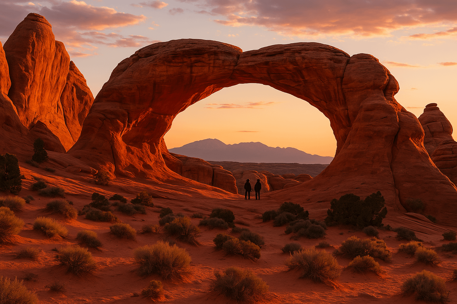Broken Arch Trail – Arches National Park, Utah Broken Arch in Arches National Park glowing at sunset, with hikers on the trail and sandstone fins rising in the background.