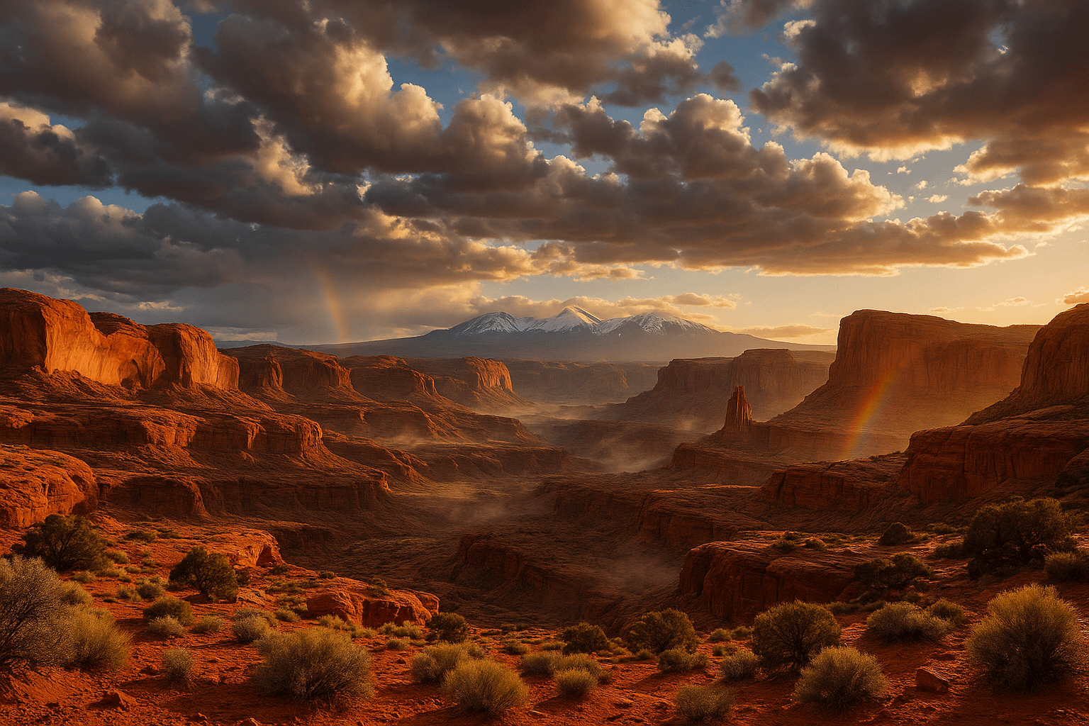 Moab Weather – Red Rock Canyon and La Sal Mountains with Subtle Rainbow Panoramic view of Moab’s red rock cliffs and snow-capped La Sal Mountains under dramatic skies, with a faint rainbow and light canyon mist.